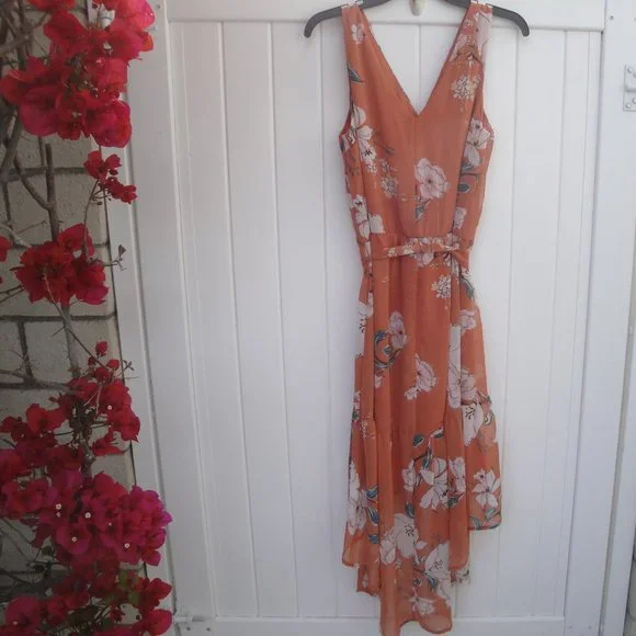 AUW High Low Flirty Floral Print Lined Woven Polyester Dress Size 10 - Picture 3 of 3